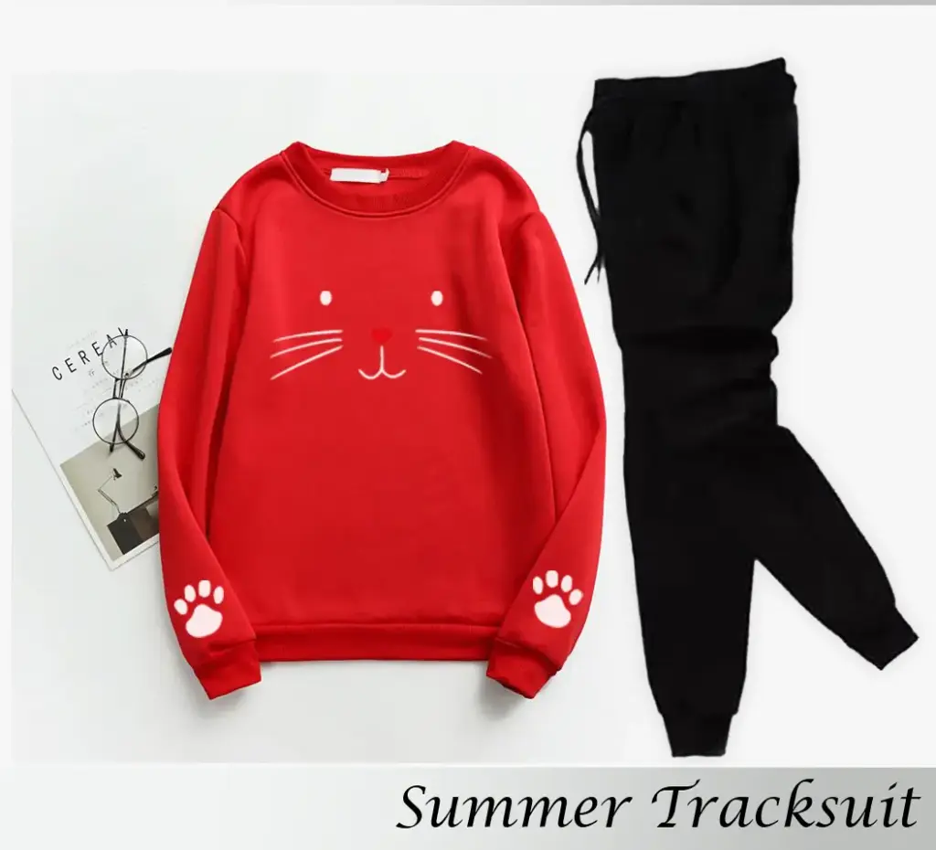 Cute Kitty with Footprints Printed Summer Tracksuit T-Shirt and Trouser For Women - Fashionable and cool Women's Tracksuit