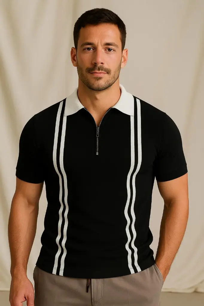 AT Sports New Zipper Striped Polo Shirt For Boys & Men - Zipper Polo For Men (Black, S)