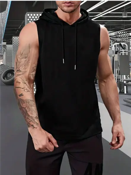 Men's and Boys Solid Color Drawstring Hooded Sleeveless Casual Tank Top (S)